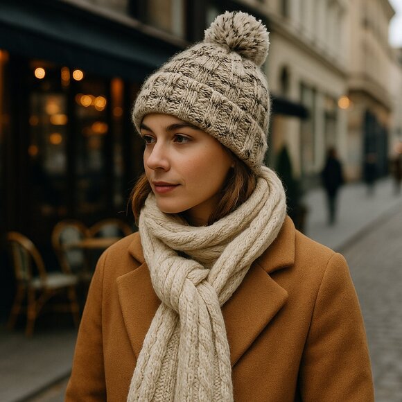✨ Eddie Bauer Y2K Basket-Weave Pom Beanie — Oatmeal & Charcoal Marled (RN 47648) - Picture 2 of 11